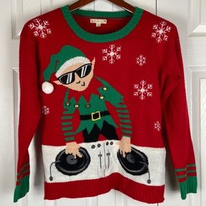 It’s Our Time Ugly Christmas elf DJ music sweater, womens S
